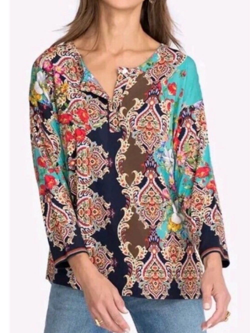 Johnny Was Size XL • Long Sleeve Henley Top Bamboo Floral Boho.